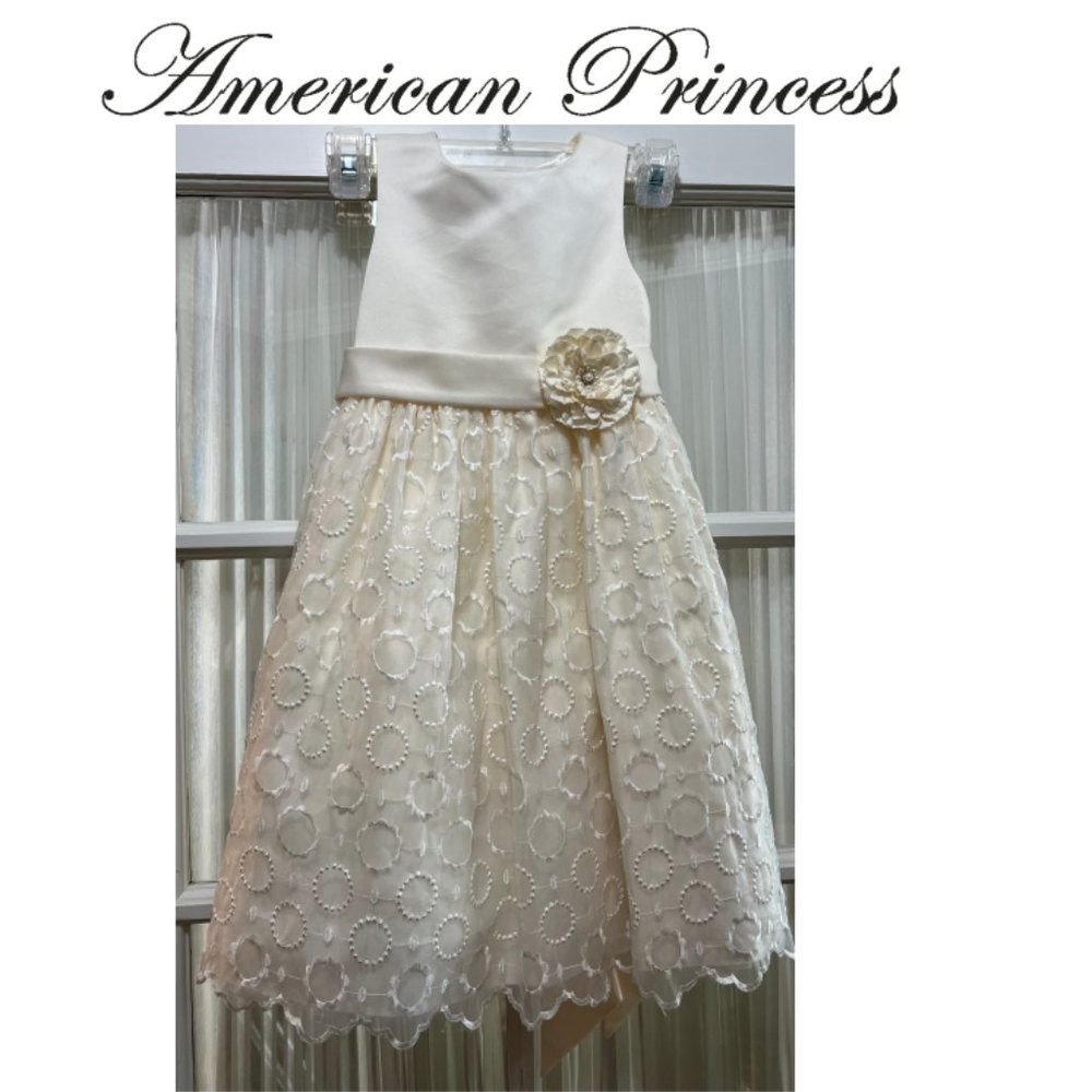 American Princess cream lined dress; satin top, lacy bottom, girls' size 6X